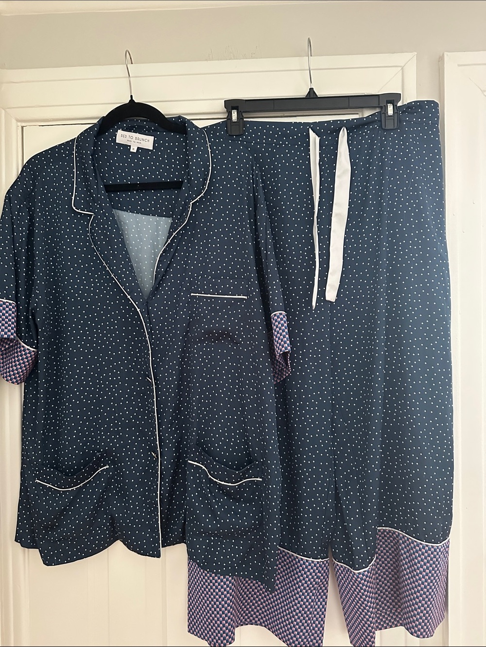 Bed to Brunch Navy Polka Dot Two-Piece Pajama Set with Contrast Trim